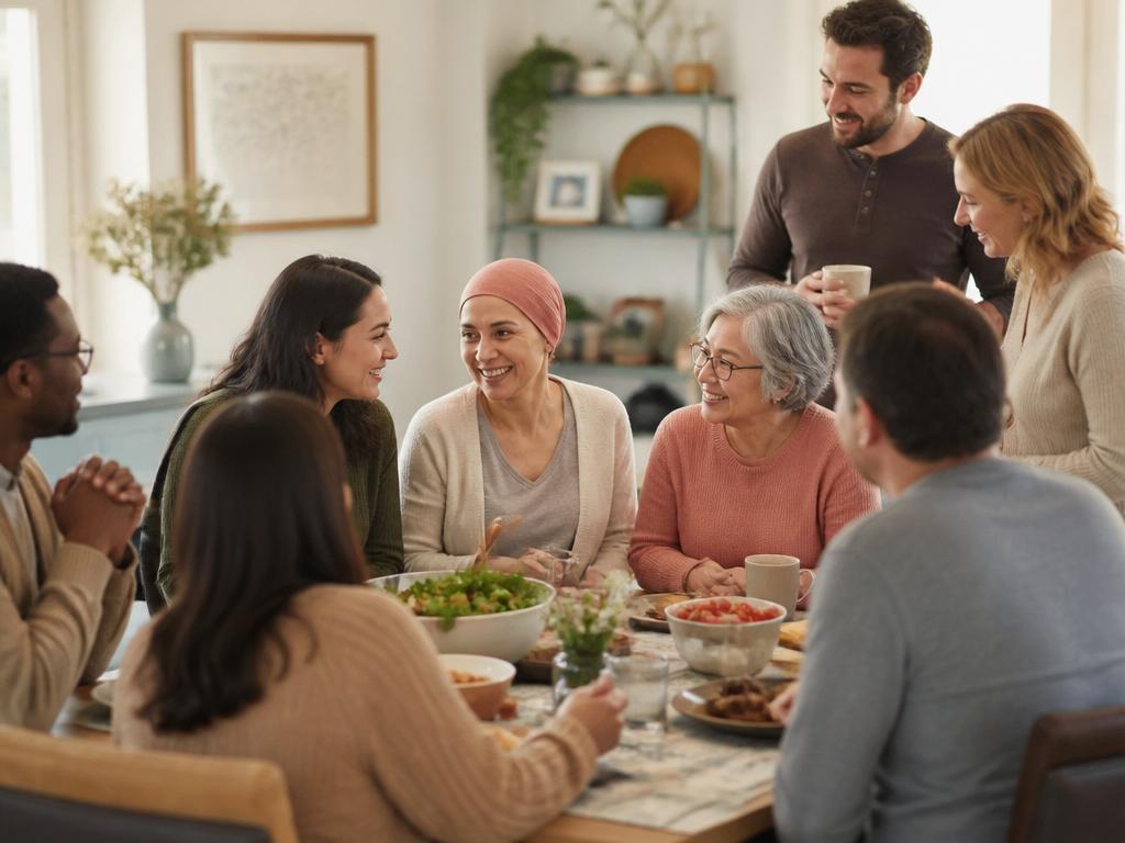 A circle of friends and family gathered around a table